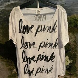 PINK Victoria's Secret White Tee with Black Script